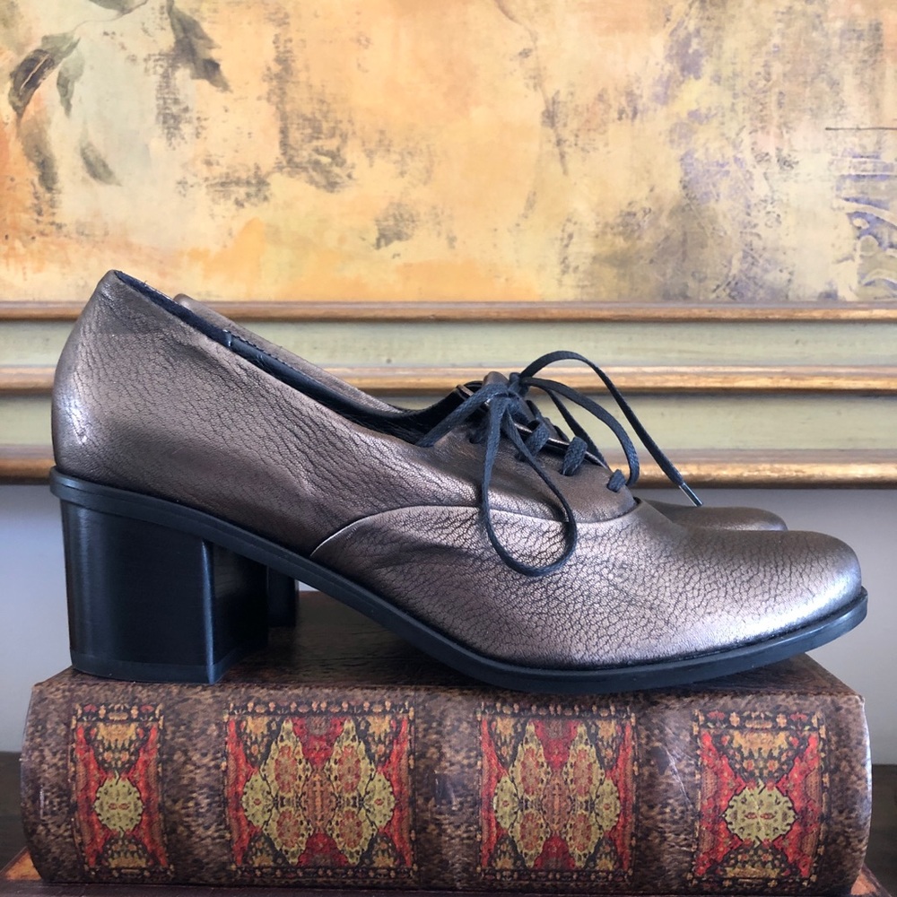 Metallic Bronze Lace-Up Block Heel Pumps